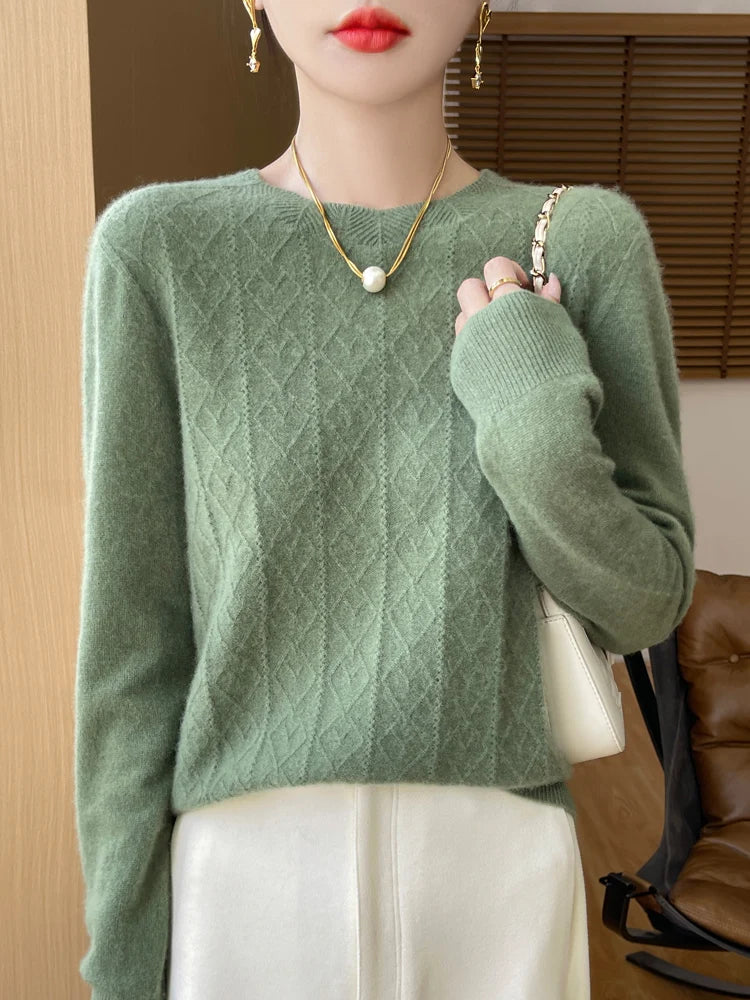 Stickad Dam Tröja O-hals Merinoull Långärmad Pullover 9