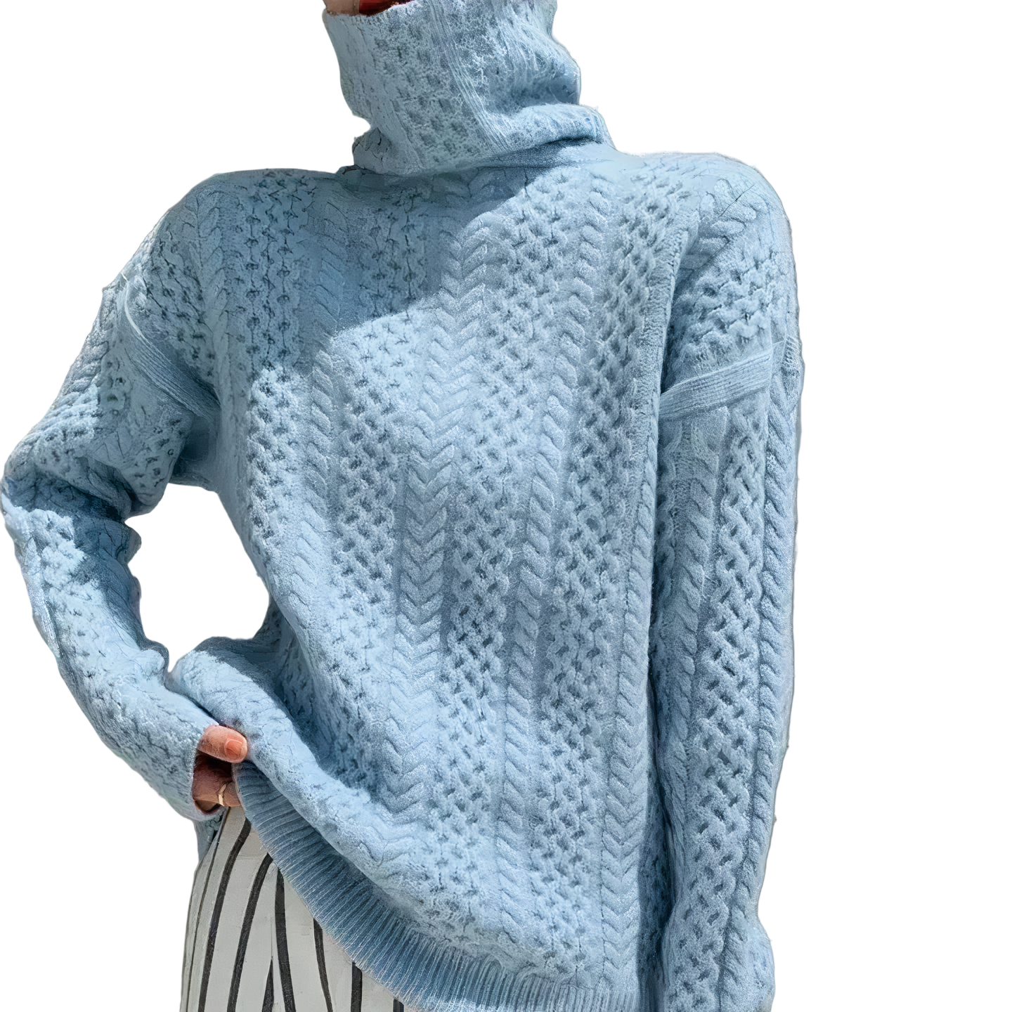 Stickad Dam Tröja med Polokrage och Kabelstickat Mönster 0