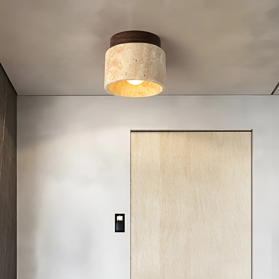 Taklampa i japansk stil med marmor och trä 1