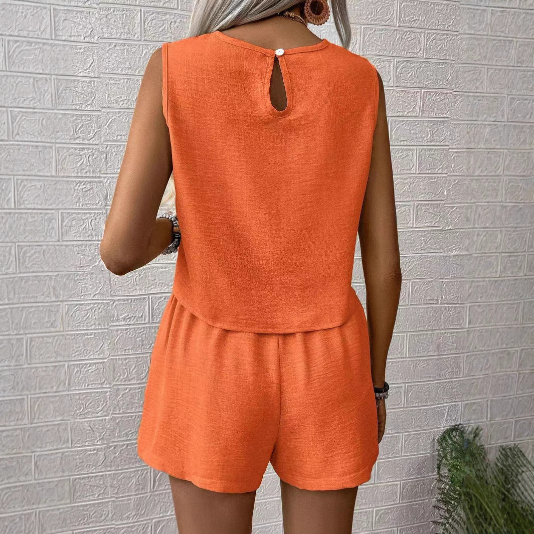 Tvådelat Set Dam Cropped Top & Högmidjade Shorts Lätt Vävda 2