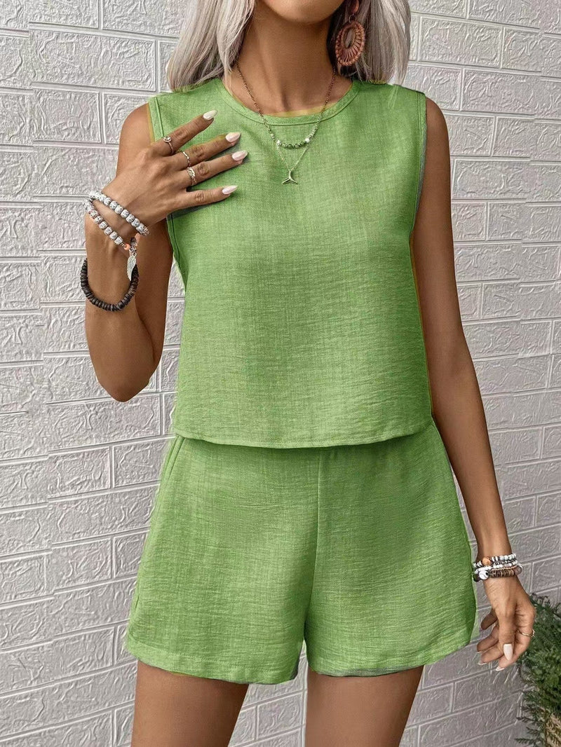 Tvådelat Set Dam Cropped Top & Högmidjade Shorts Lätt Vävda 4