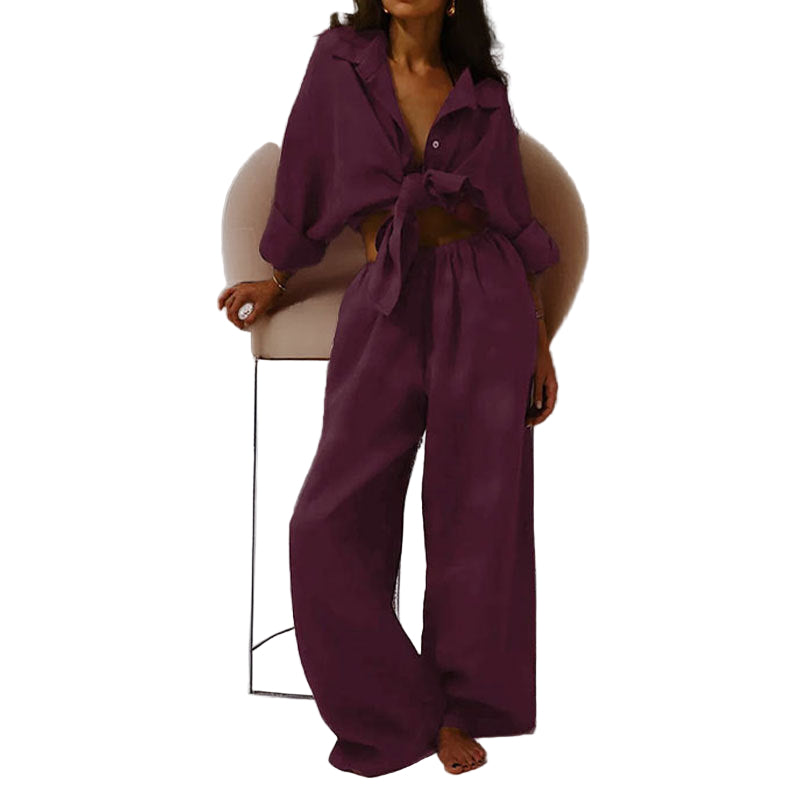 Tvådelat Set Dam Oversized Button-Down Skjorta och Vida Byxor Linneblandning 0