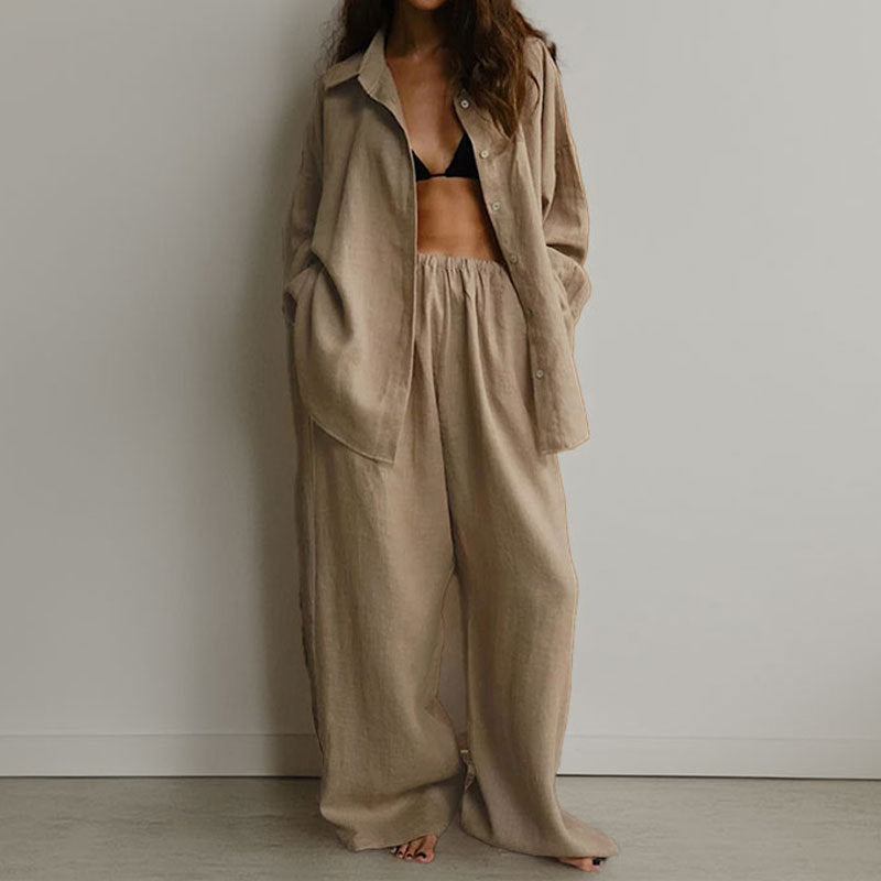 Tvådelat Set Dam Oversized Button-Down Skjorta och Vida Byxor Linneblandning 1