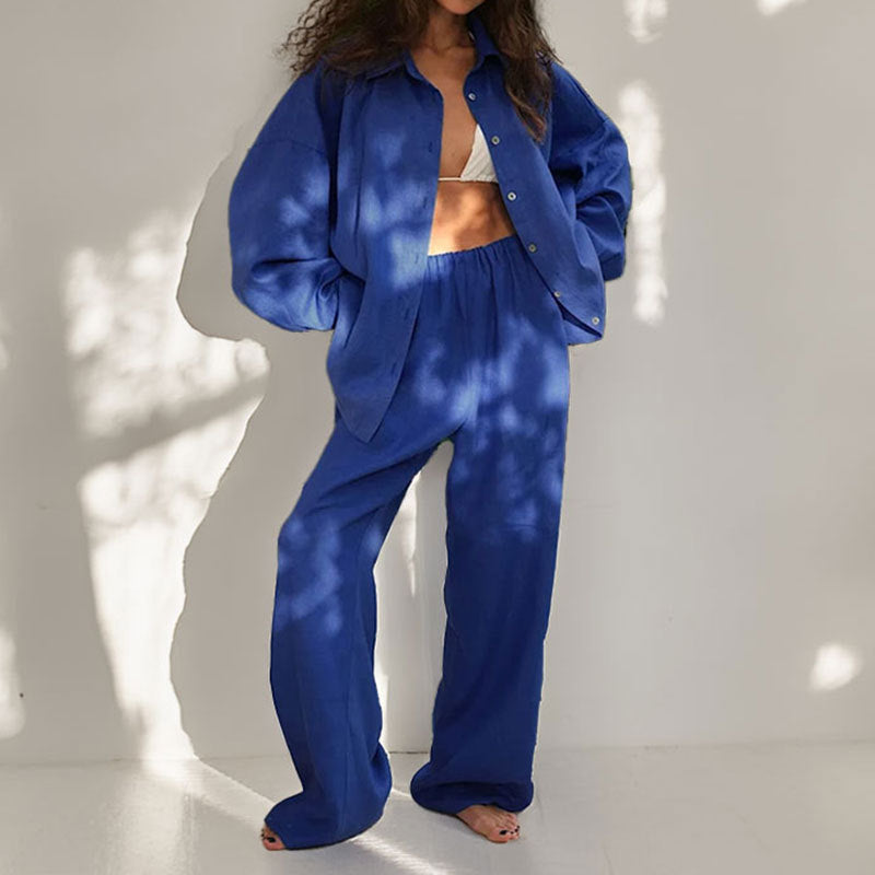 Tvådelat Set Dam Oversized Button-Down Skjorta och Vida Byxor Linneblandning 5