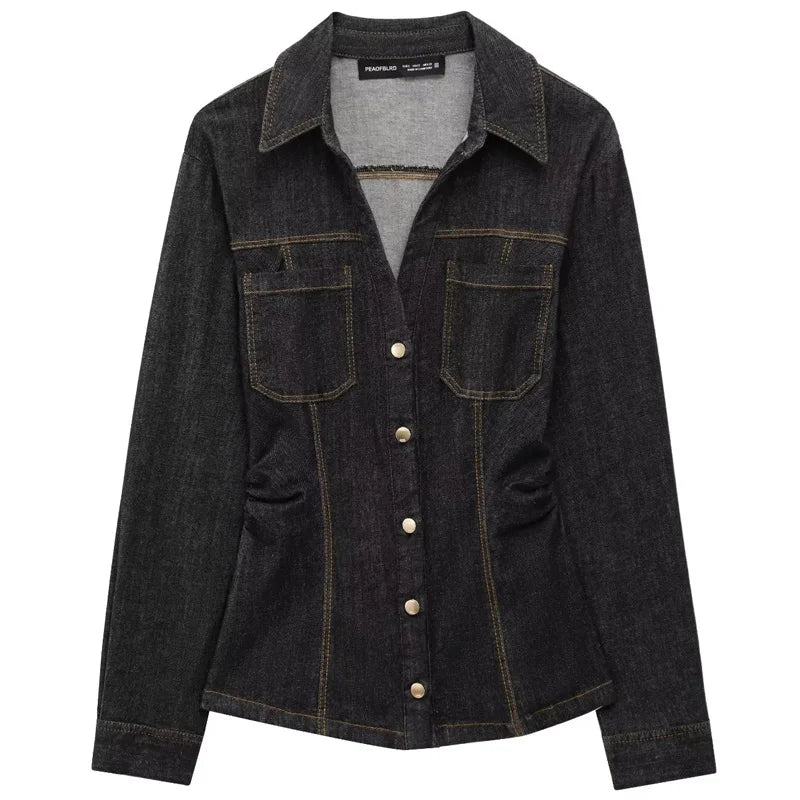 Tvådelat Set Dam i Svart Denim med Långärmad Skjorta och Utsvängda Byxor 0