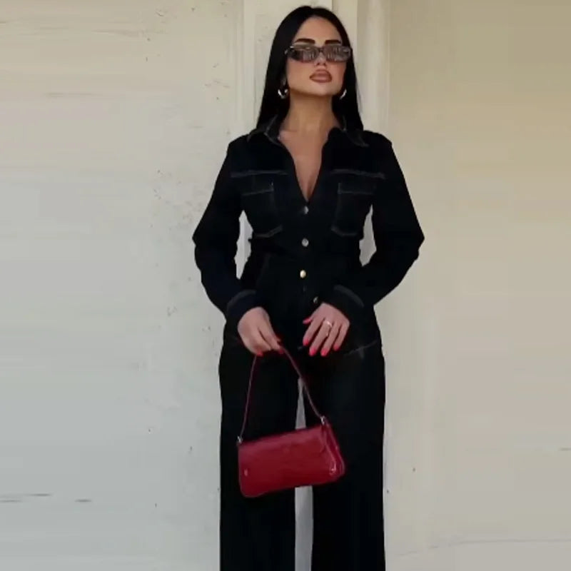 Tvådelat Set Dam i Svart Denim med Långärmad Skjorta och Utsvängda Byxor 4