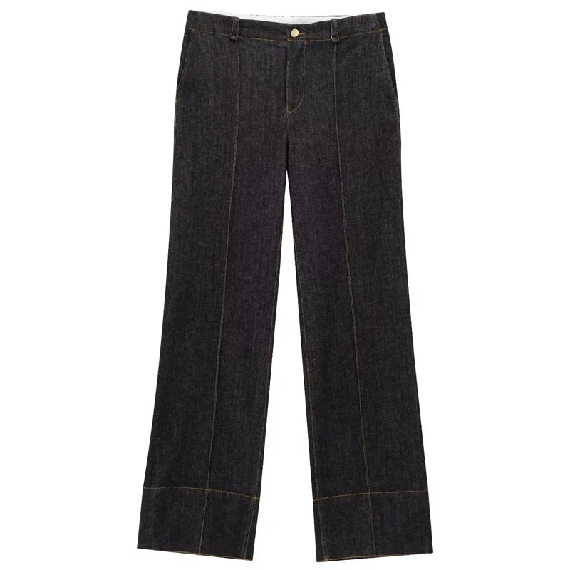 Tvådelat Set Dam i Svart Denim med Långärmad Skjorta och Utsvängda Byxor 6