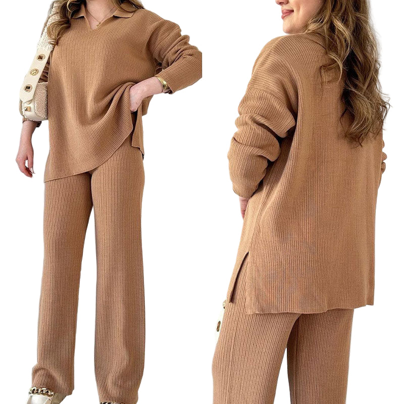 Tvådelat Set Dam med V-ringad Topp och Vida Byxor 7