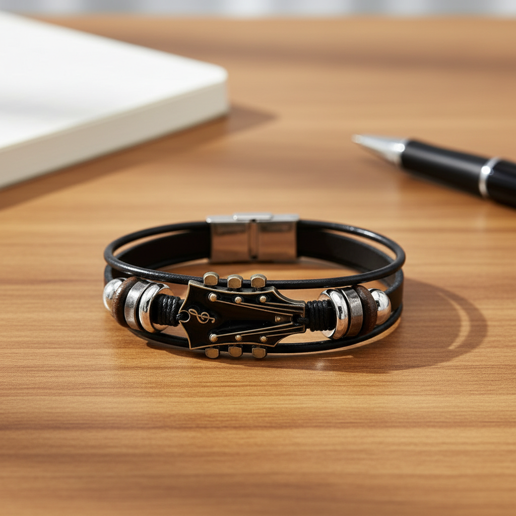 Unisex Läderarmband med Gitarrinspirerad Design 0