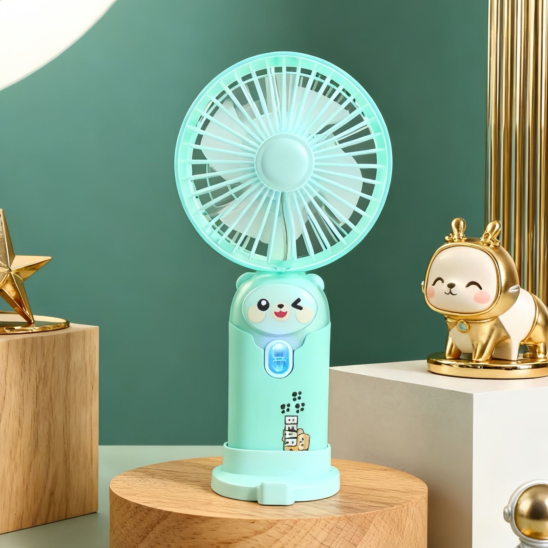 Unisex Mini Handfläkt Bärbar med LED-ljusring och Björnöron Design 15