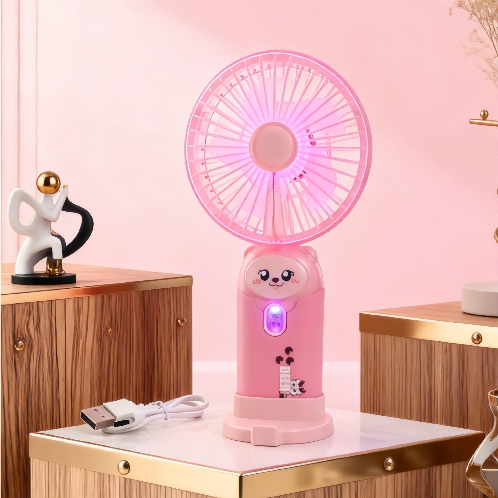 Unisex Mini Handfläkt Bärbar med LED-ljusring och Björnöron Design 21