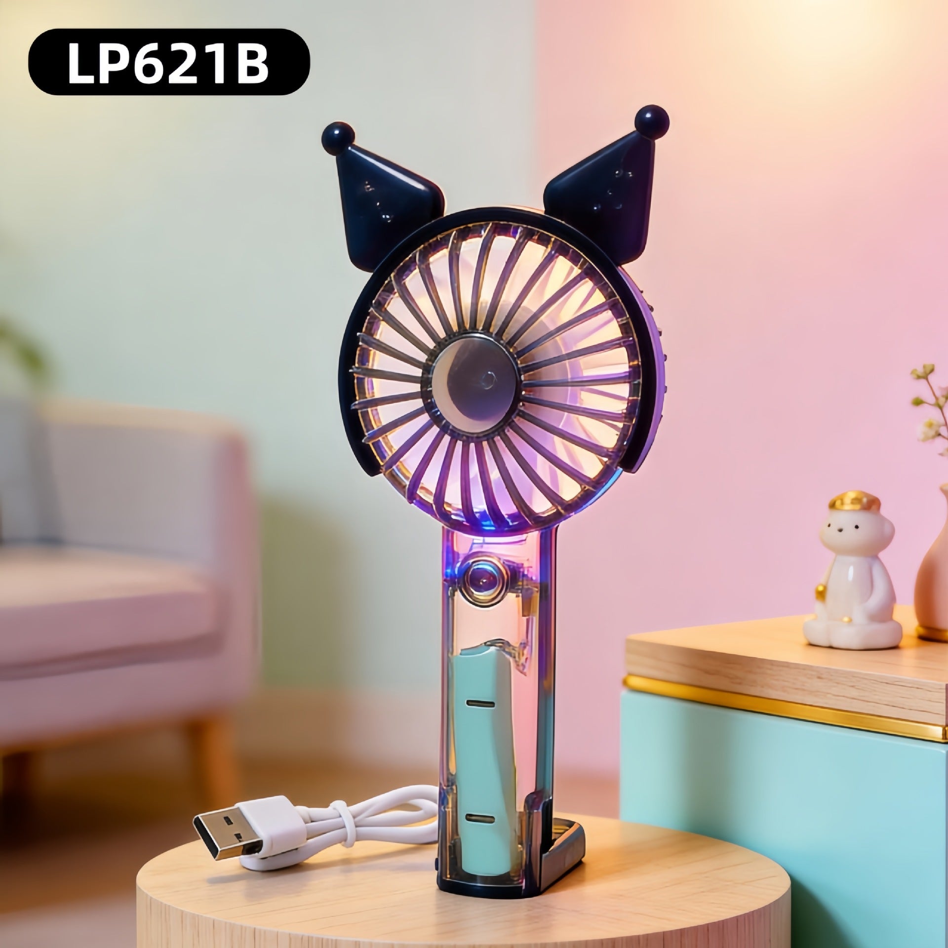 Unisex Mini Handfläkt Bärbar med LED-ljusring och Björnöron Design 9