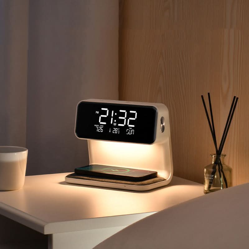 Väckarklocka med LED-lampa och Trådlös Laddare 0