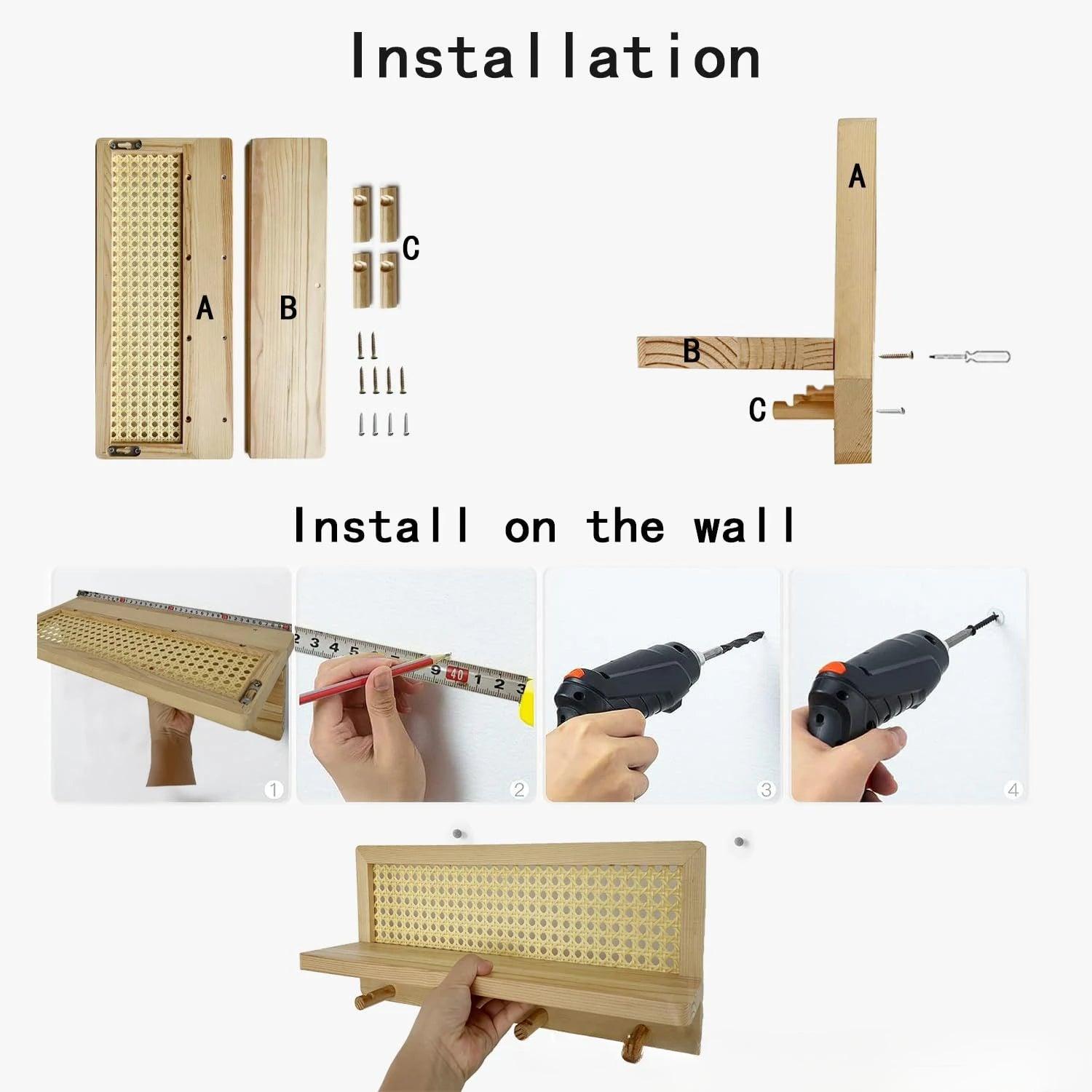 Vägghylla i Trä med Rottingsdetaljer - Minimalistisk Förvaring 4