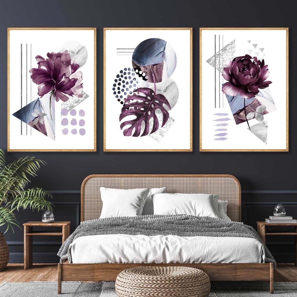 Väggkonstset med Blommönster i Lila och Grått 1