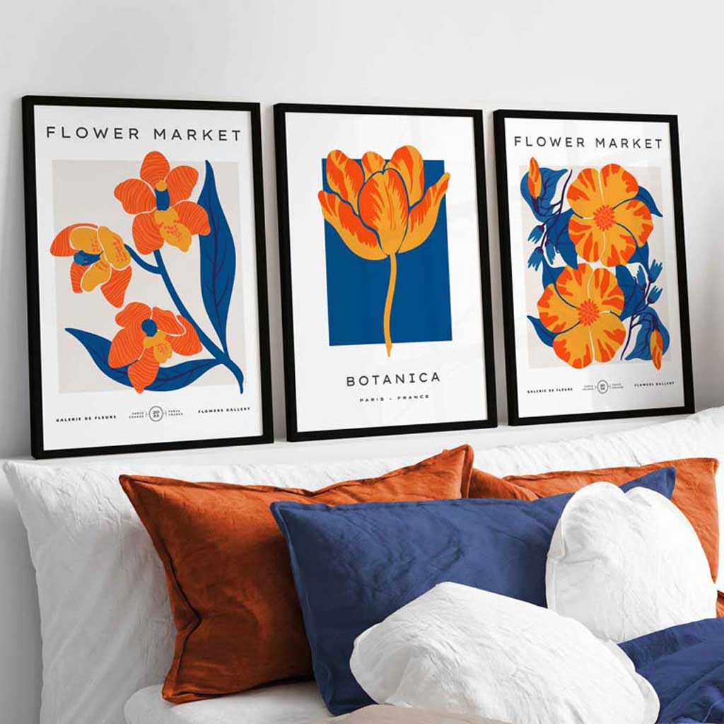 Väggkonsttryck Blommor i Marinblått och Orange 1