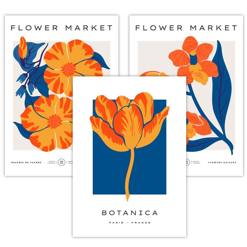 Väggkonsttryck Blommor i Marinblått och Orange 2