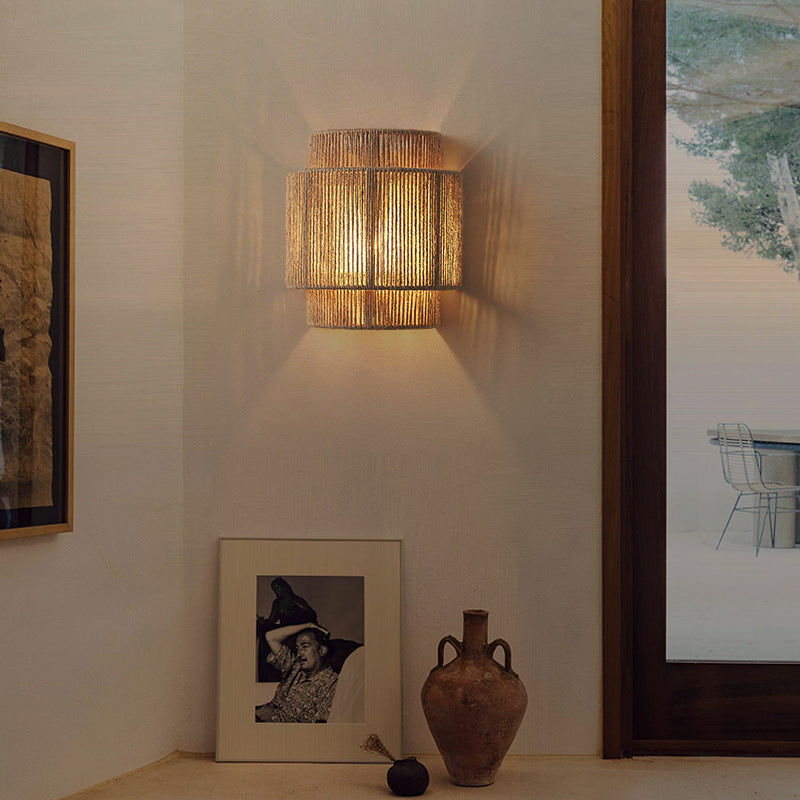 Vägglampa i Bohemisk Stil med Rattan och Hampa 0