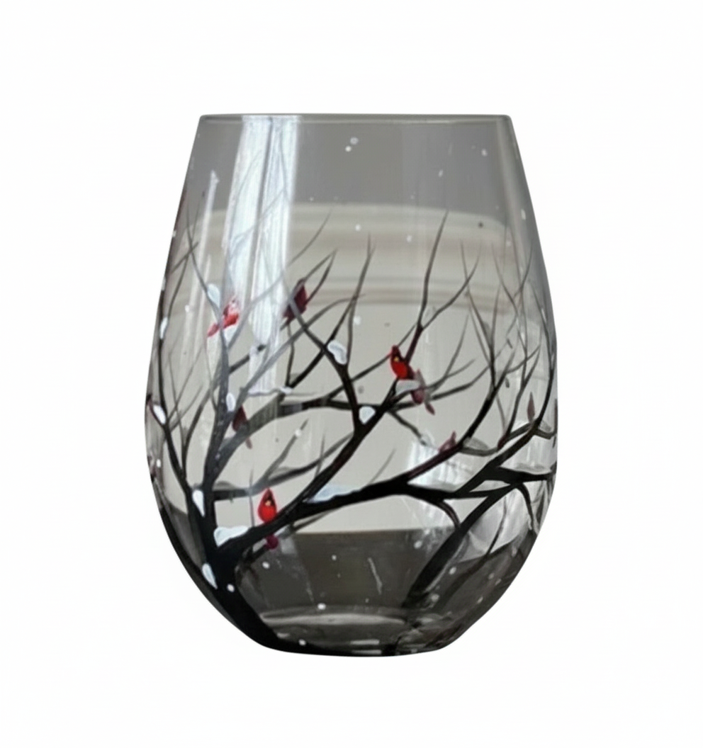 Vinglas Handmålad Design Four Seasons Tree Unik Dekoration 12 Ounce 0