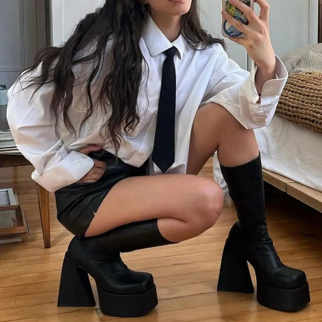 Kvinnors Chunky Heels Läderstövlar