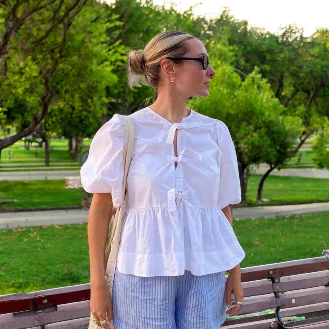 Cropblus med puffärm och snörning för kvinnor