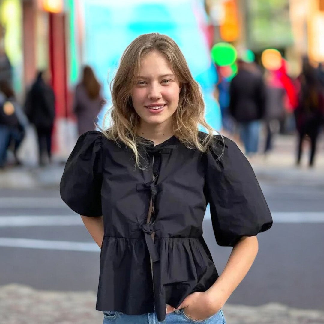 Cropblus med puffärm och snörning för kvinnor