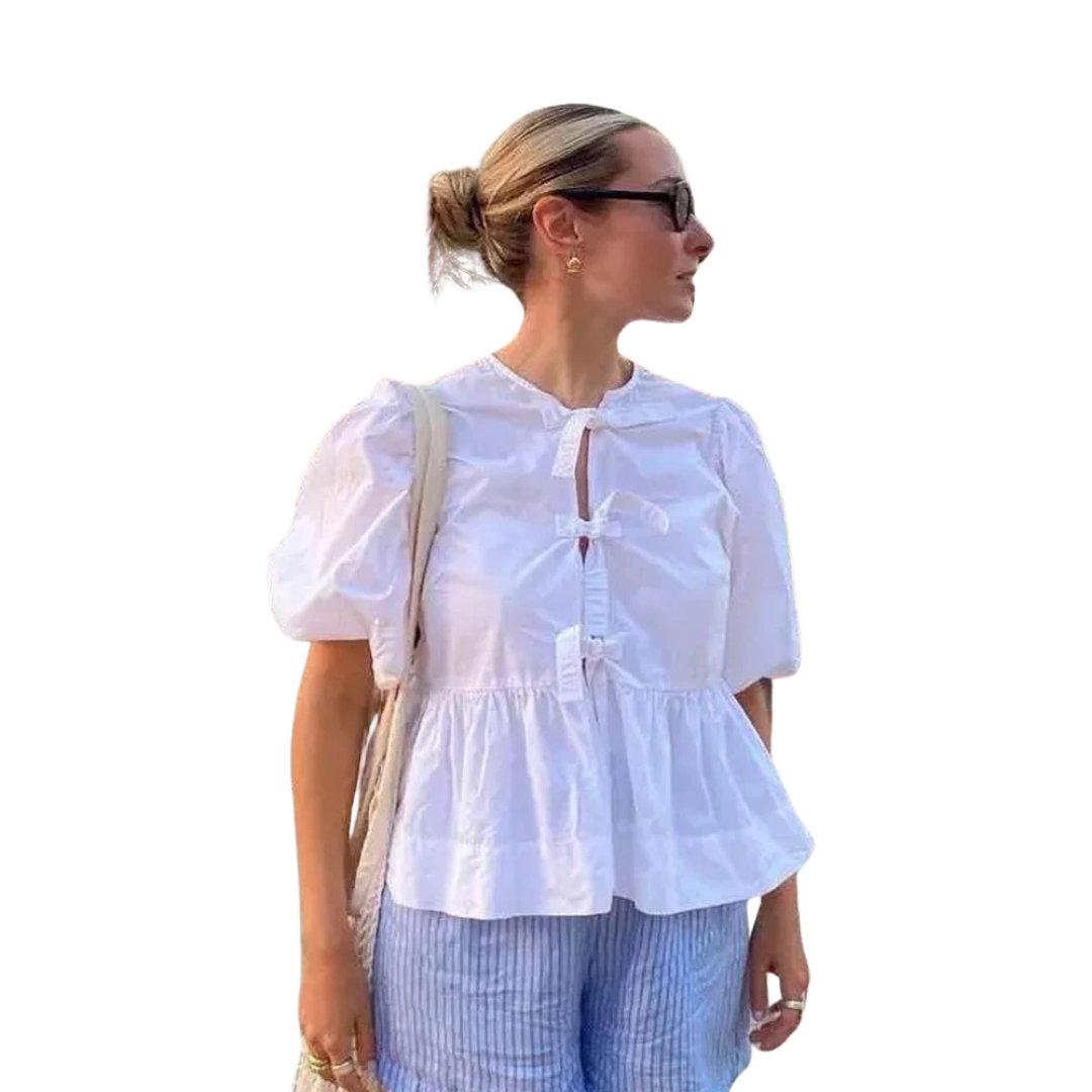 Cropblus med puffärm och snörning för kvinnor