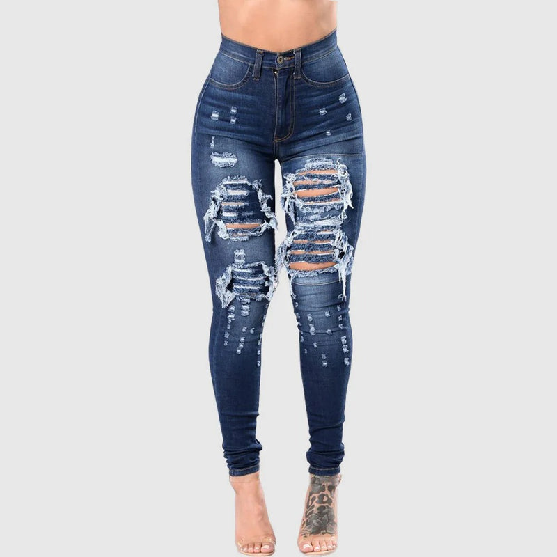 Rippade jeans med hög midja för kvinnor