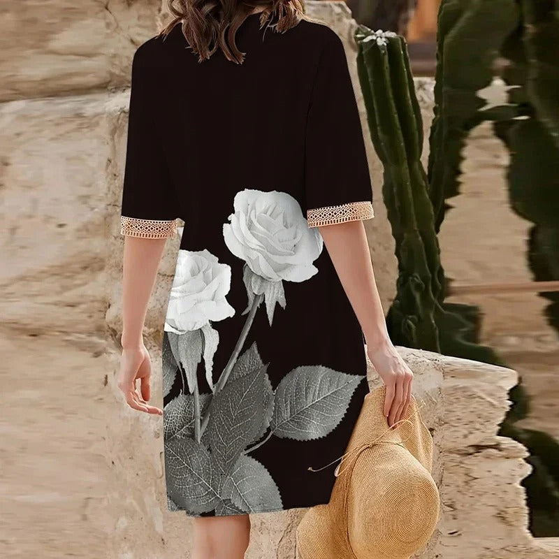 V-ringad tryckt sommarklänning för kvinnor