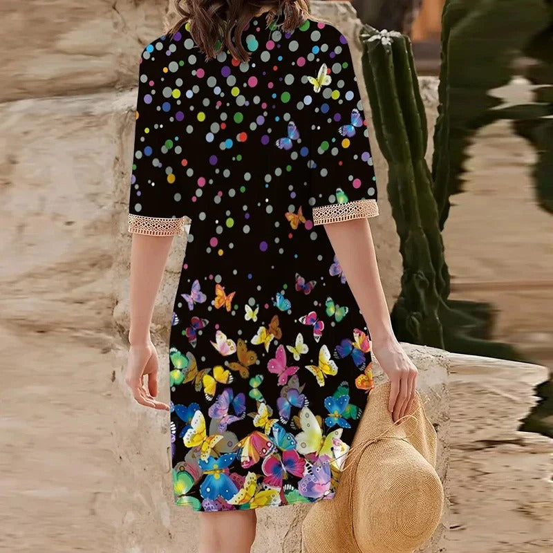 V-ringad tryckt sommarklänning för kvinnor