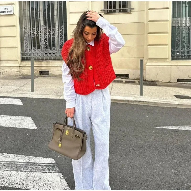 Stickad cardigan för damer med metallknappar