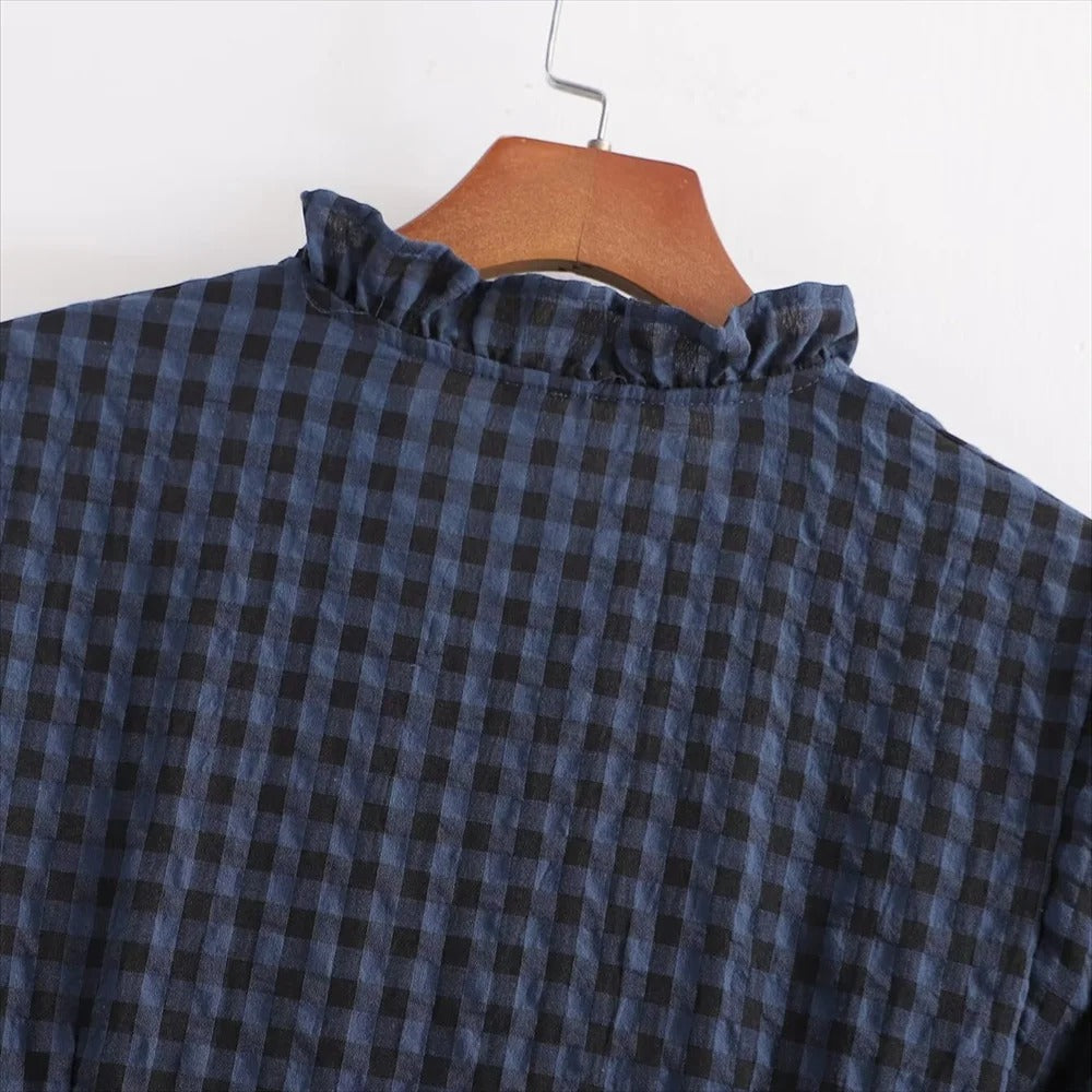 Bubbelärmad rutig jumpsuit för kvinnor