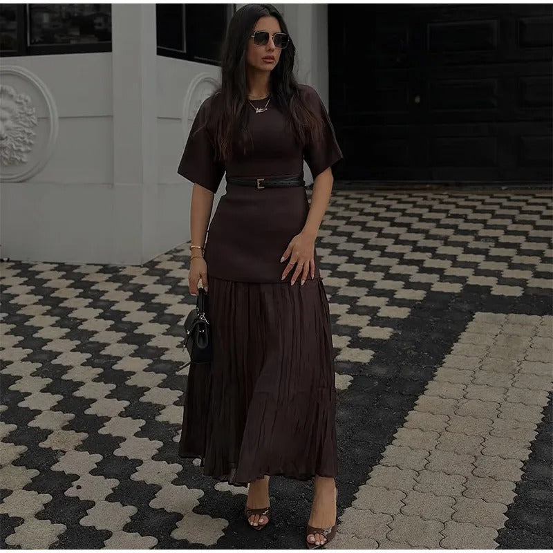 Dam Mesh Patchwork Halvärmad plisserad klänning