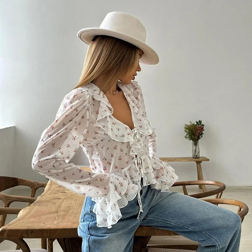 V-ringad chiffongtryckt blus för kvinnor
