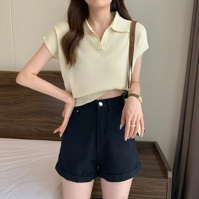 Kortärmad stickad polotröja för kvinnor