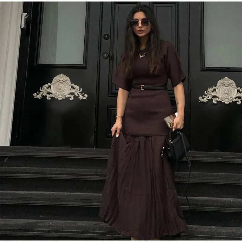 Dam Mesh Patchwork Halvärmad plisserad klänning