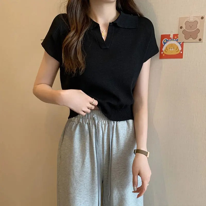 Kortärmad stickad polotröja för kvinnor
