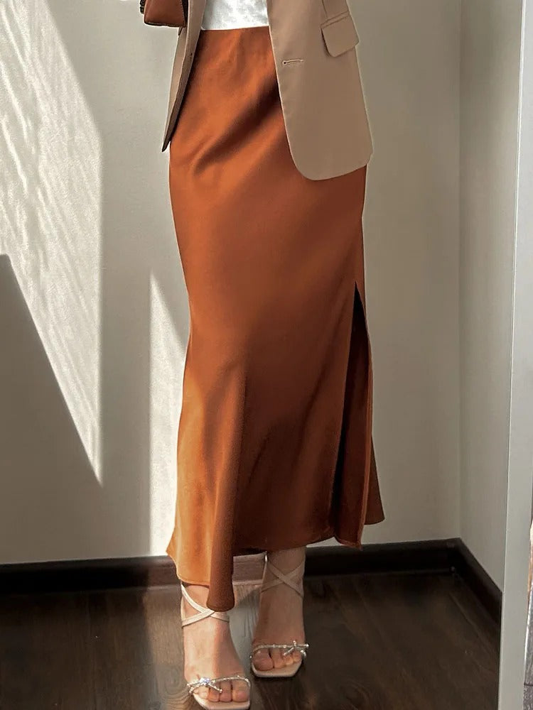 Dam Svart Split Satin Kjol