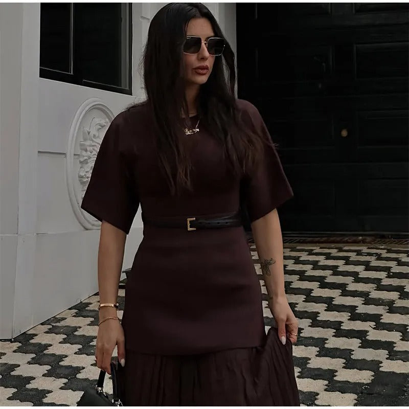 Dam Mesh Patchwork Halvärmad plisserad klänning