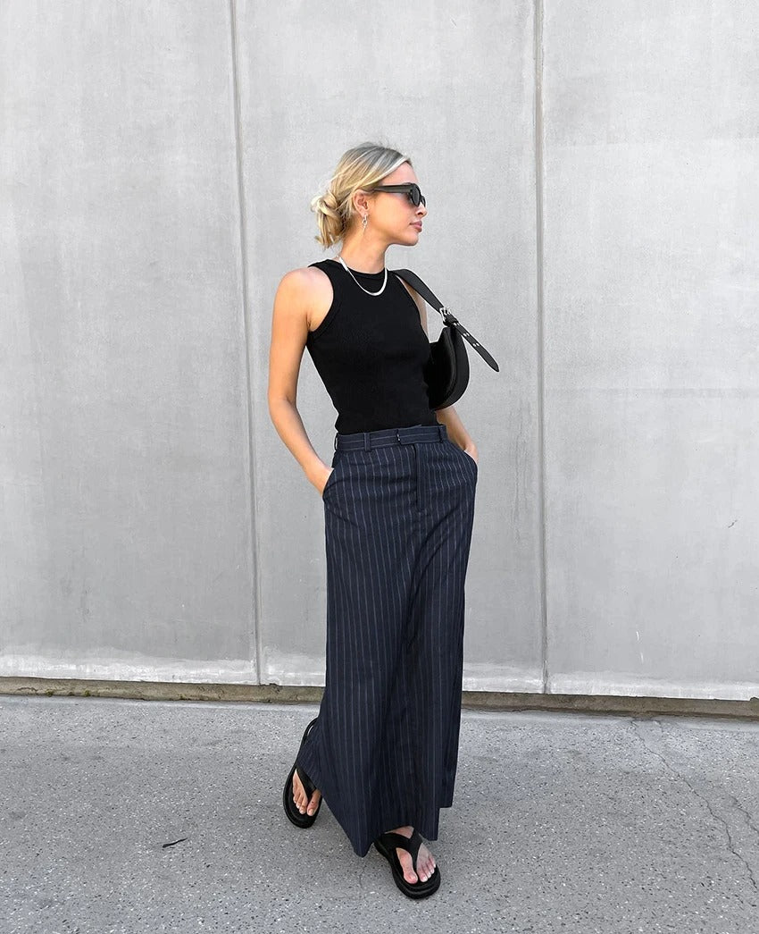 Randig twill rak kjol för kvinnor