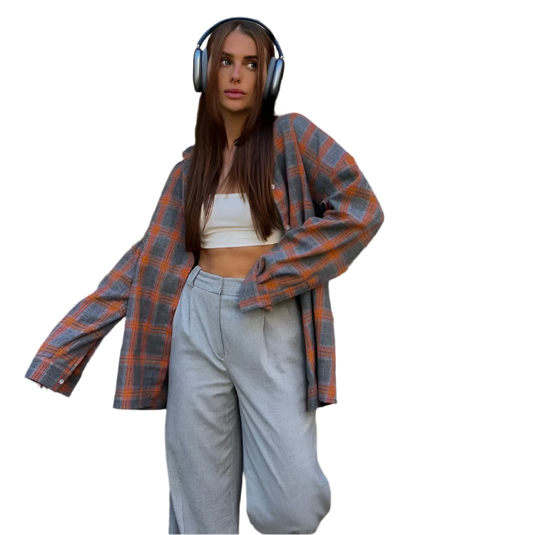 Oversized långärmad rutig skjorta för kvinnor