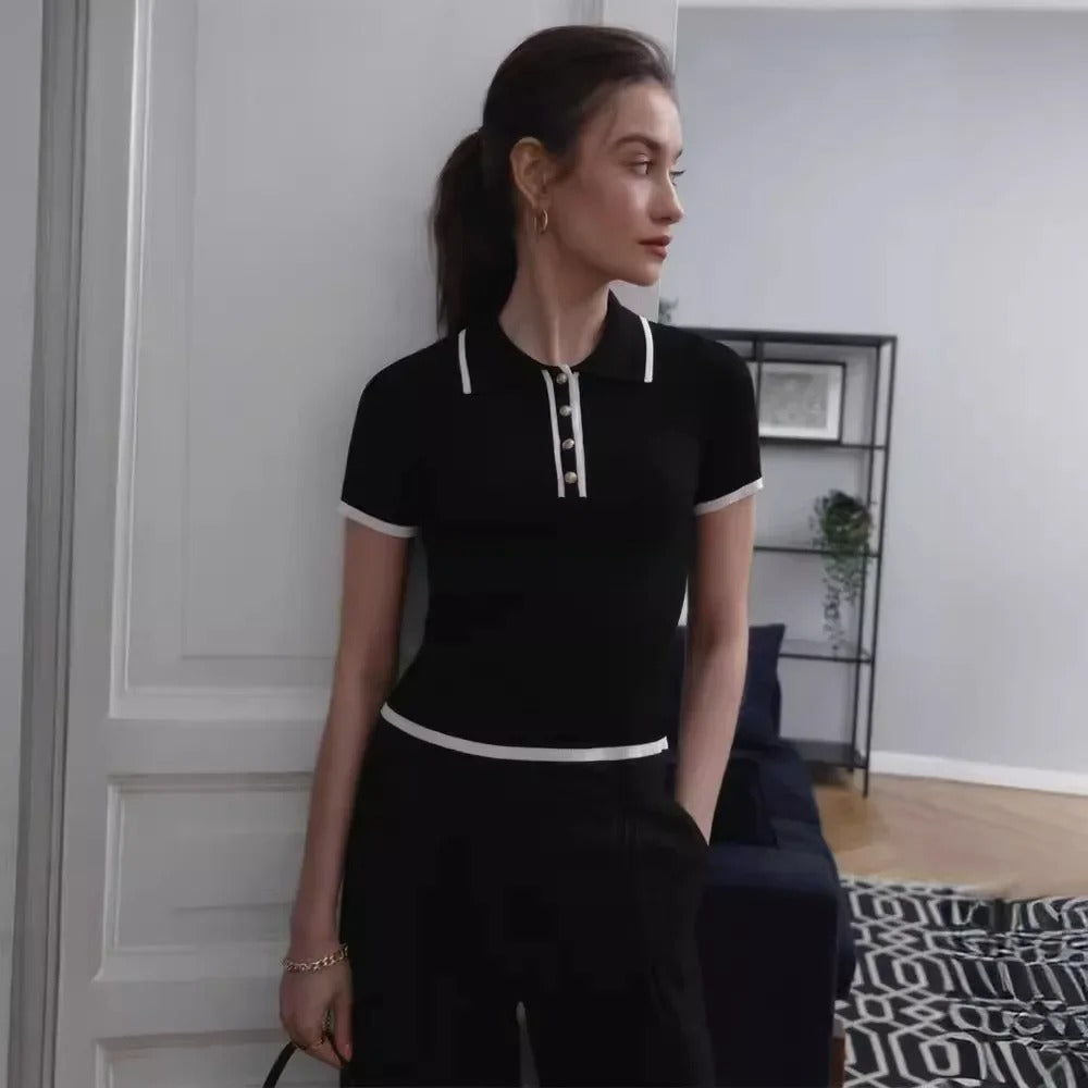 Kortärmad stickad topp för kvinnor