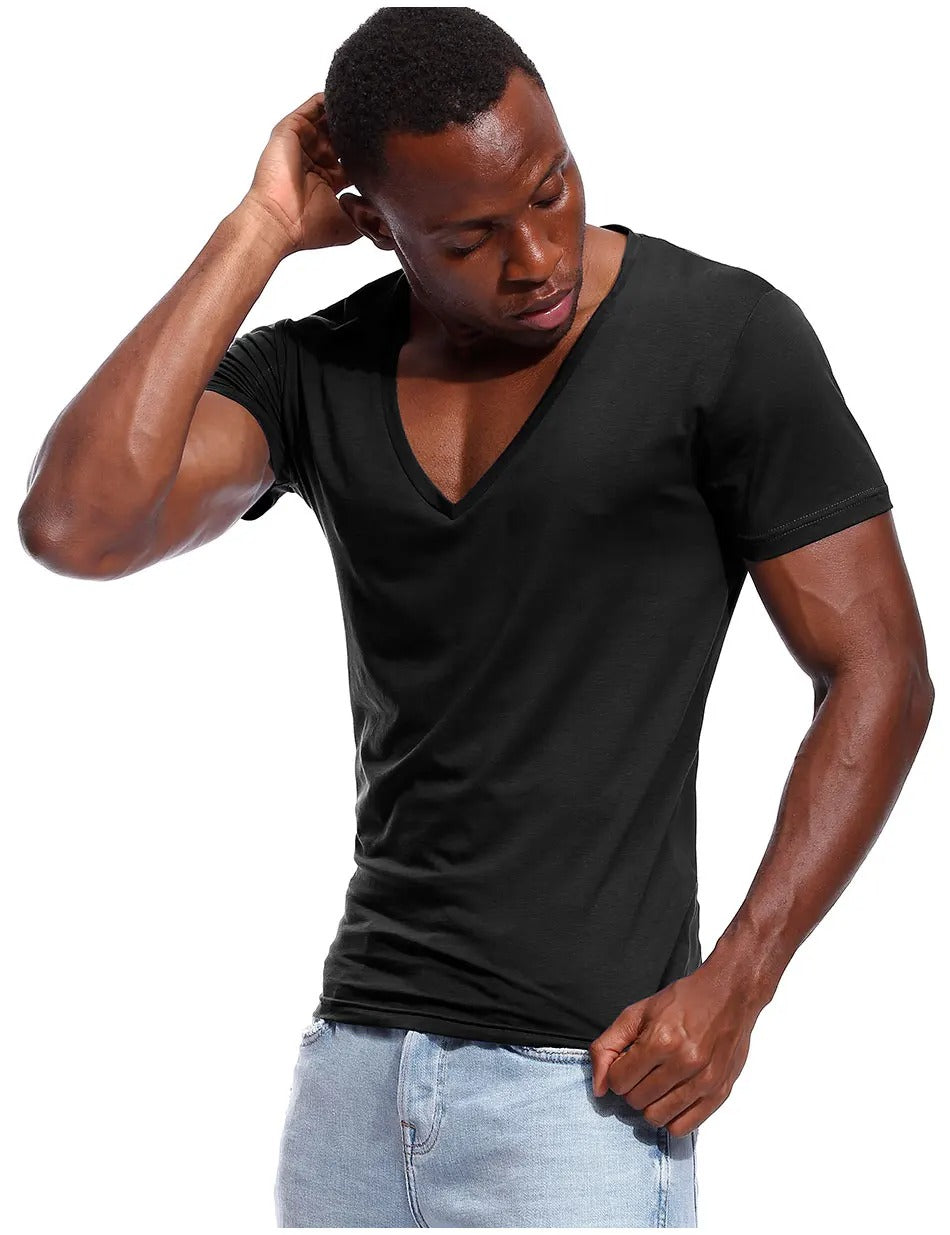 Herr-T-shirt med djup V-ringning