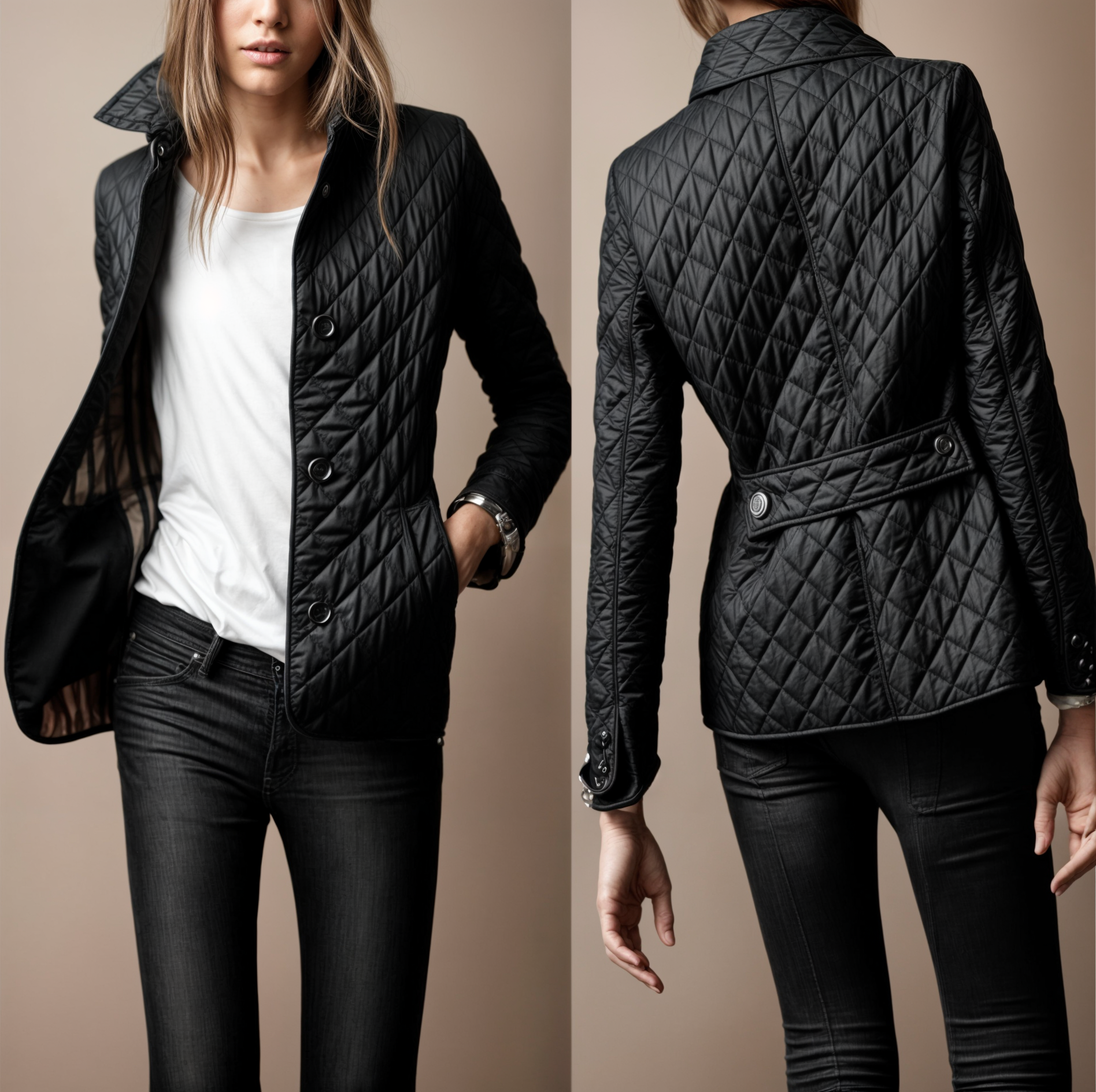 Kviltert jakke med nedfällbar krage för kvinnor