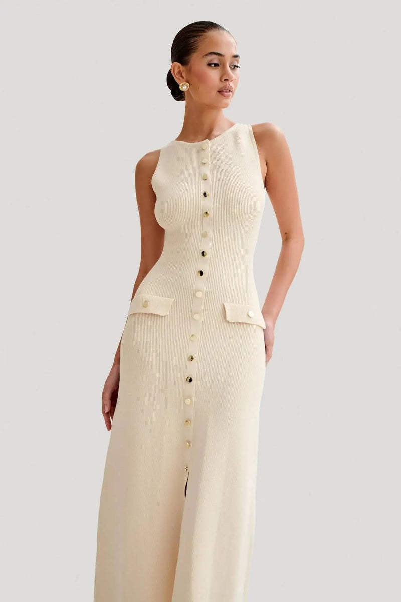 Stickad ärmlös Knäppning Bodycon Klänning för kvinnor