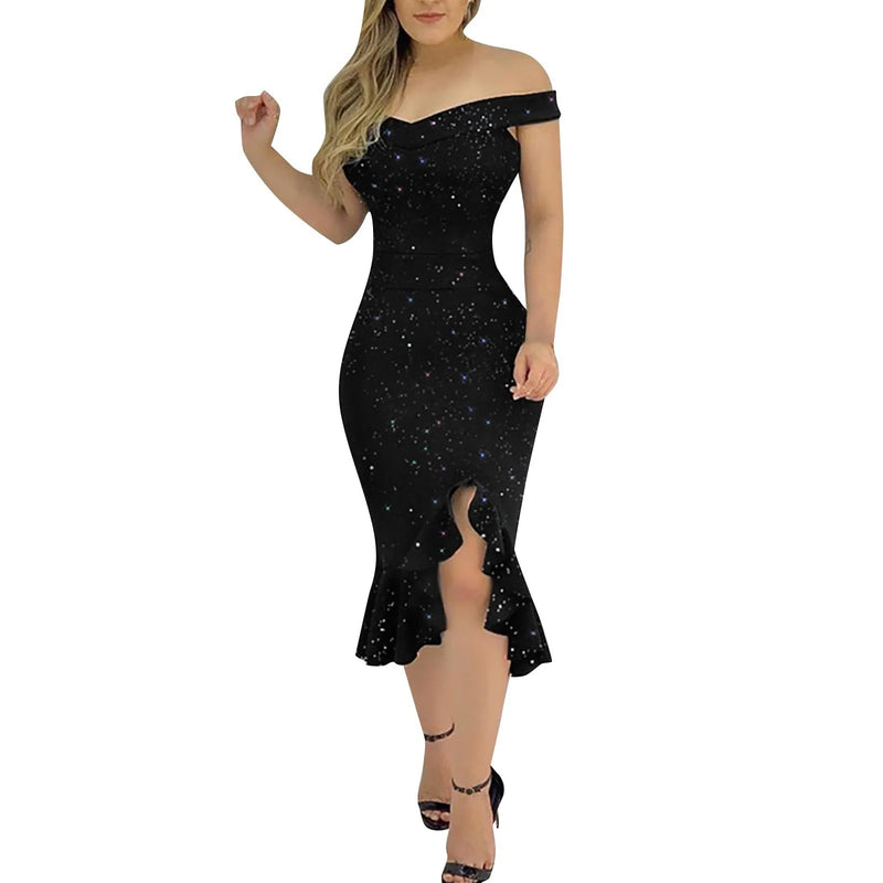 Dam off-shoulder klänning med volang chiffong med paljetter