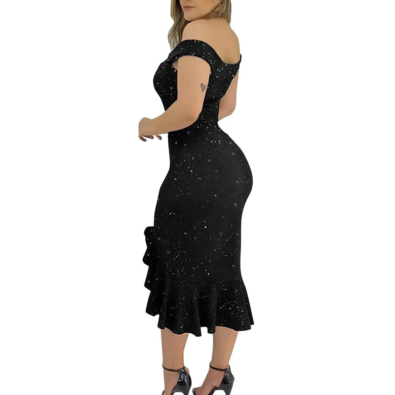 Dam off-shoulder klänning med volang chiffong med paljetter
