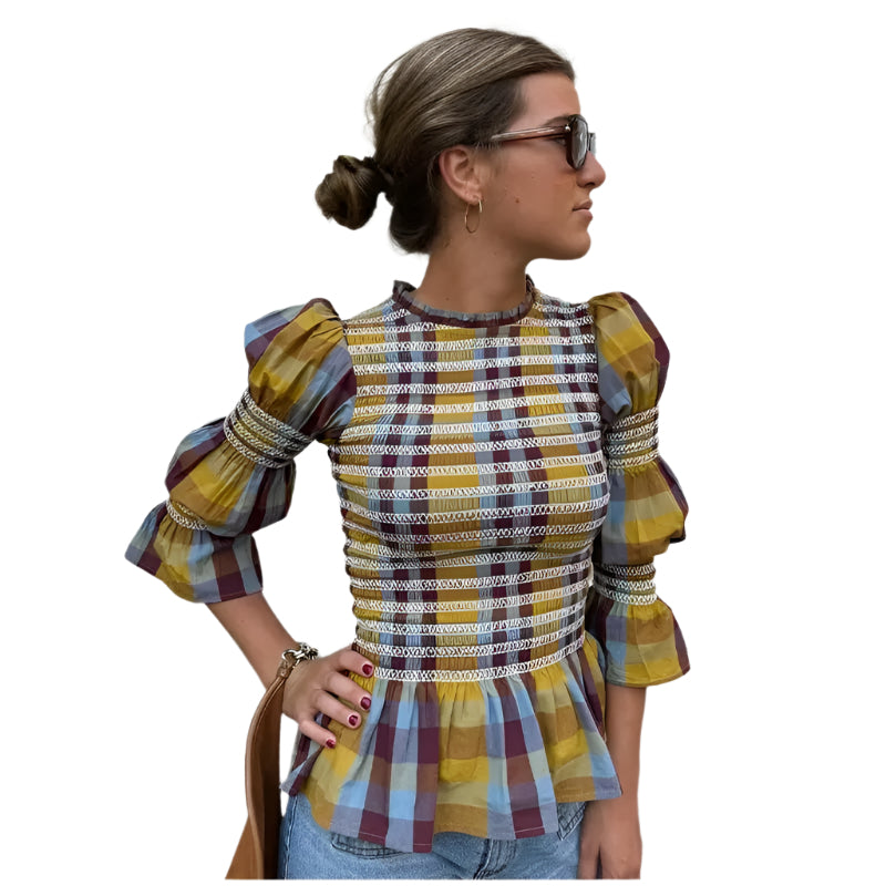 Rutig T-shirt med puffärm för kvinnor