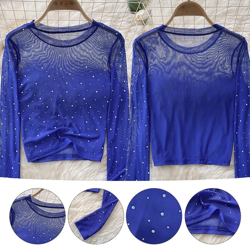 Rhinestone Mesh Långärmad Crop Top för kvinnor