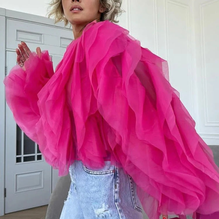 O-Neck Ruffle Shirt för kvinnor